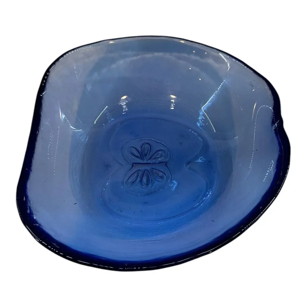 Apple Shaped Blue Art Glass Bowl Fruit Dish Imprinted Core Cottagecore Vintage